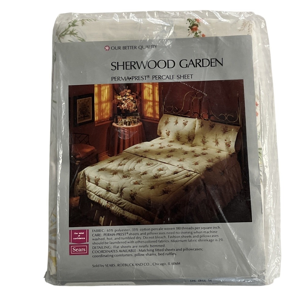 Vintage Sears Full Twin Flat Sheet Sheerwood Garden Percale Cottagecore NOS‎